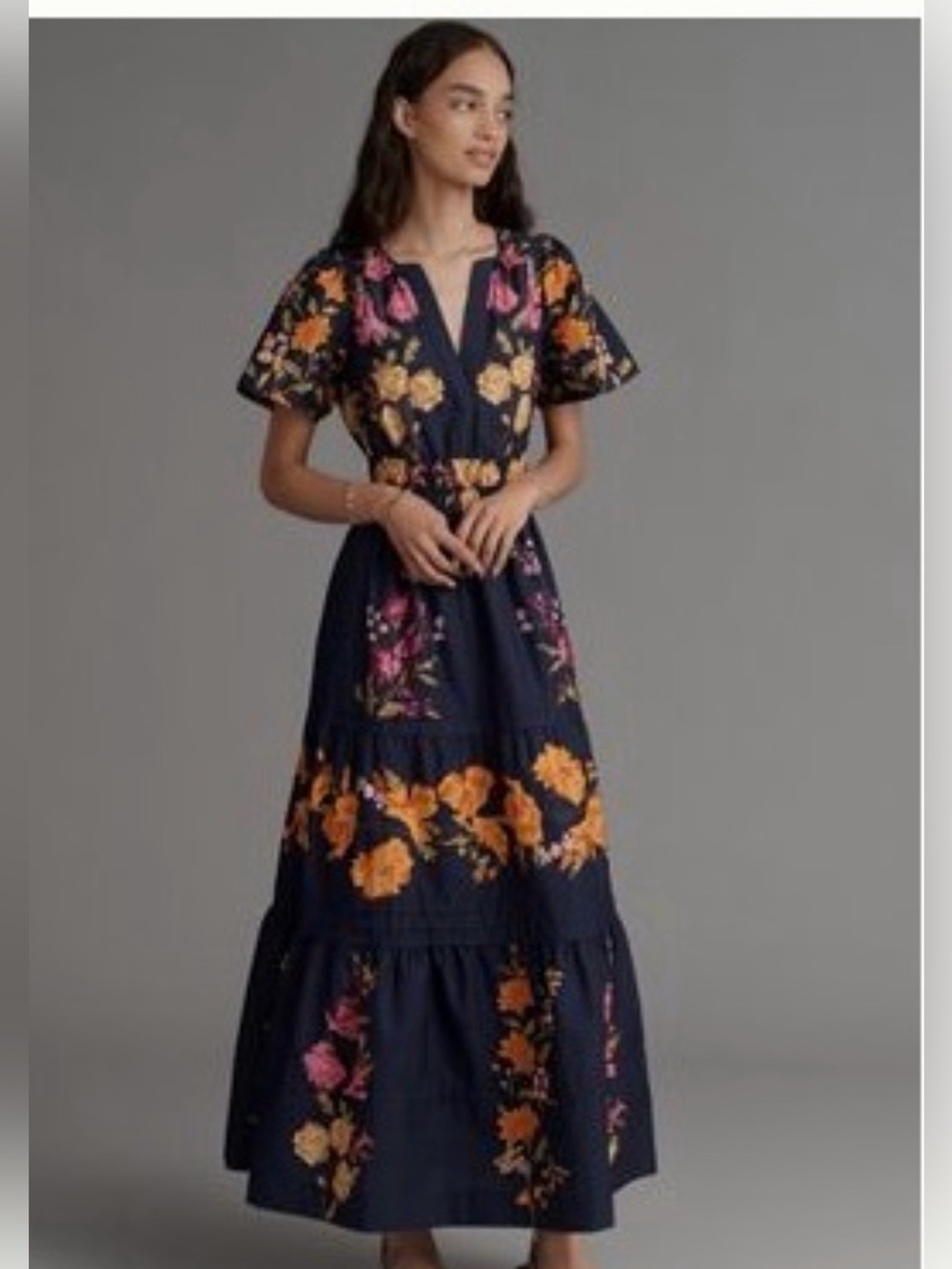 Anthropologie Somerset Maxi Dress Navy with Pink & Orange Floral
